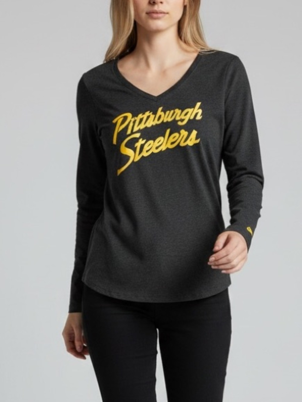 NFL Nike Pittsburg Steelers Long Sleeve T-Shirt V  Neck Grey Yellow Size Medium